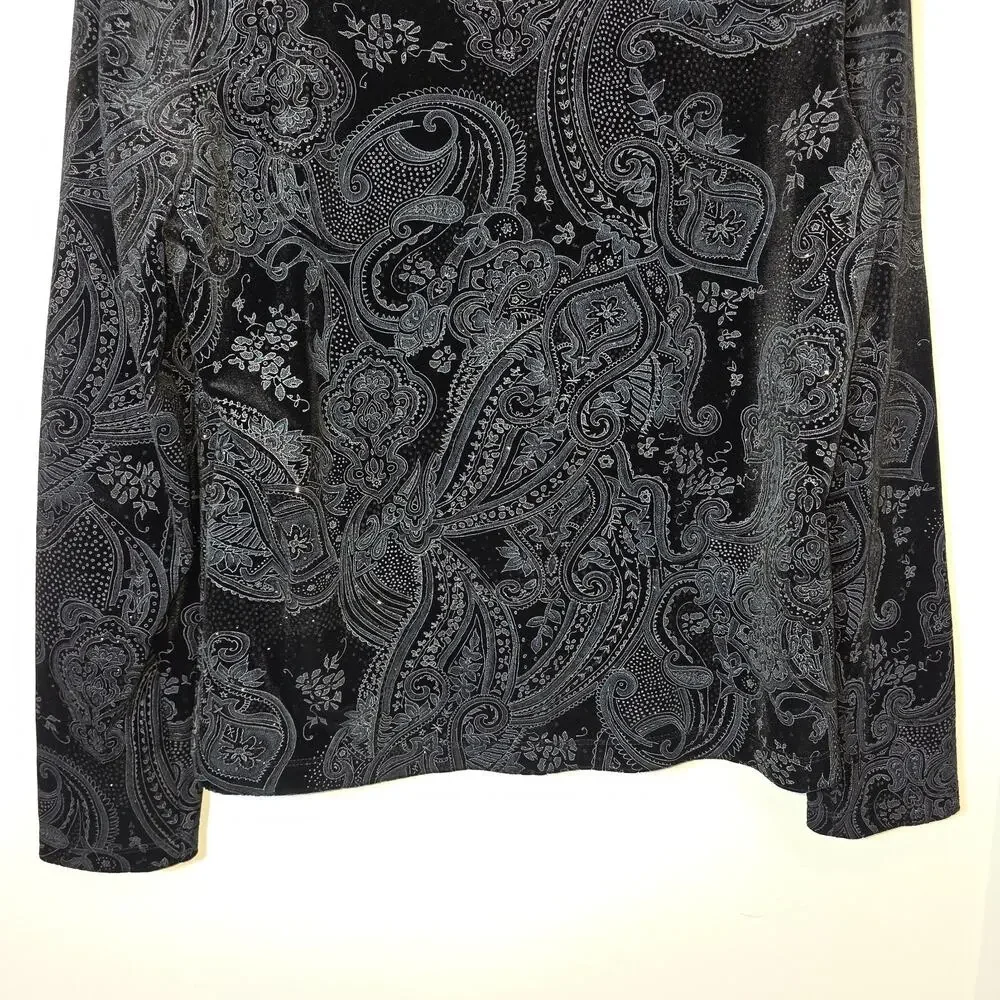 White Stag Black Paisley Velvet Long Sleeve Stretch Top Party Shimmer Size L